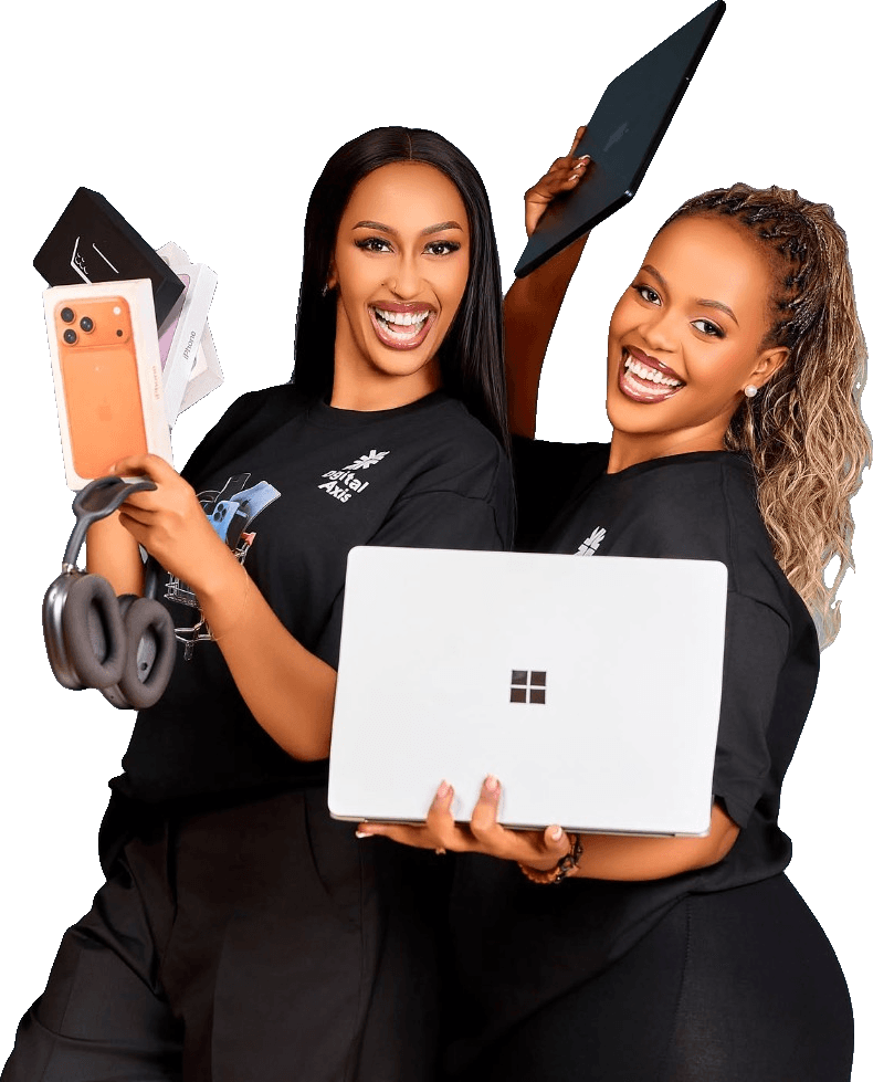 Digital Axis team with a laptop, tablet, headphones, and phone boxes