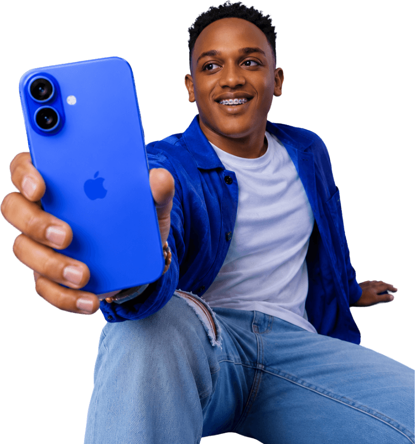 Customer holding a blue phone