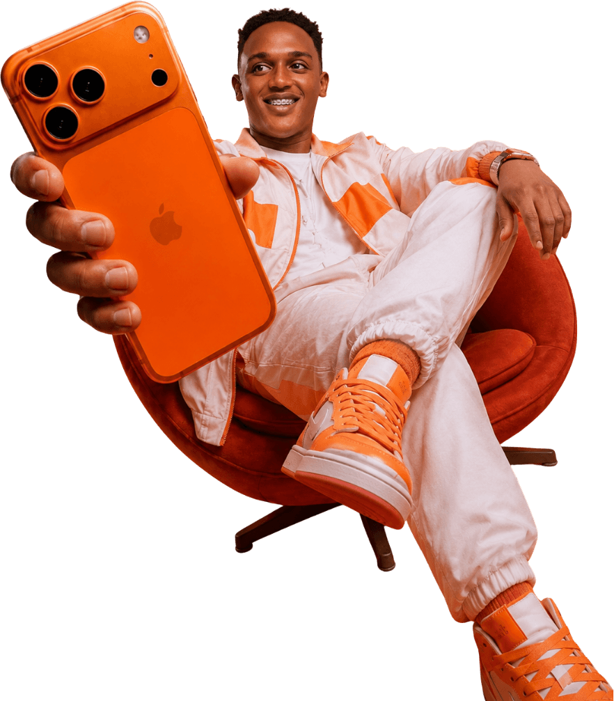 Customer holding an orange phone