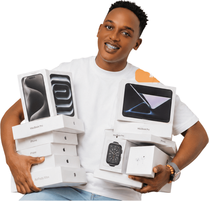 Customer holding phone and watch boxes